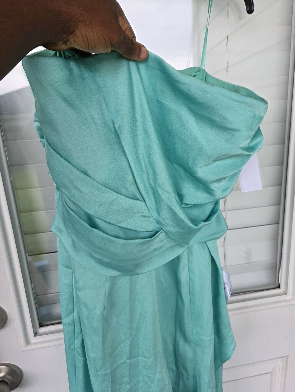 Dress The Population Mint Green Satin Wide Leg Jumpsuit Ruched Cowl Neck Size M - Picture 4 of 12